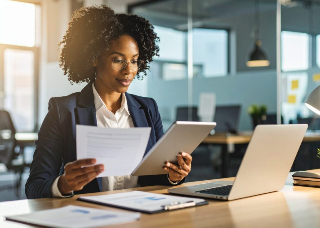 Recruitment consultant reviewing confidential role brief in Dubai